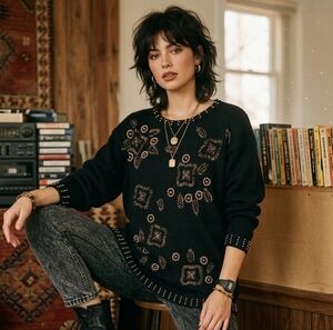 Margules Vintage 80s 90s Gold Beaded Black Knit Sweater sz M